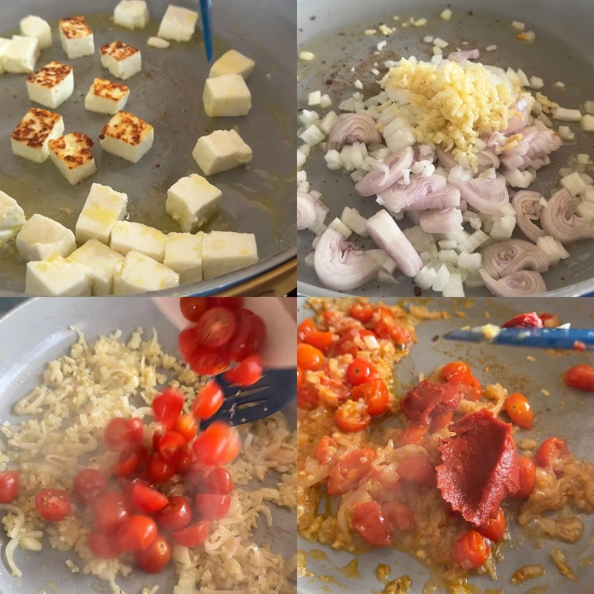 cooking the paneer and then the shallots and garlic with cherry tomatoes and paste