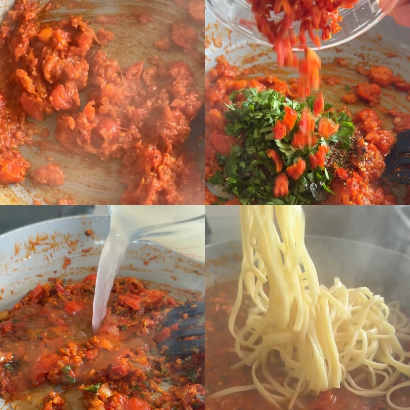 Finishing making the sauce with the seasonings, herbs, pasta sauce and then adding the pasta