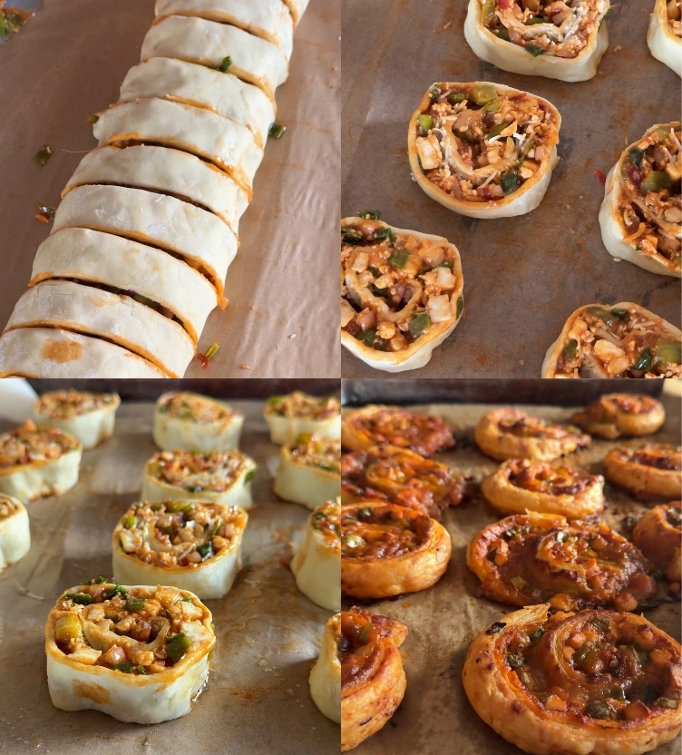 Step-by-step photos showing Pinwheels arranged on a baking tray, ready to go into the oven and then golden-brown pinwheels fresh out of the oven on the baking tray